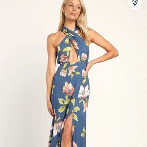 Bloom Together Blue Floral Print Cutout Halter Maxi Dress